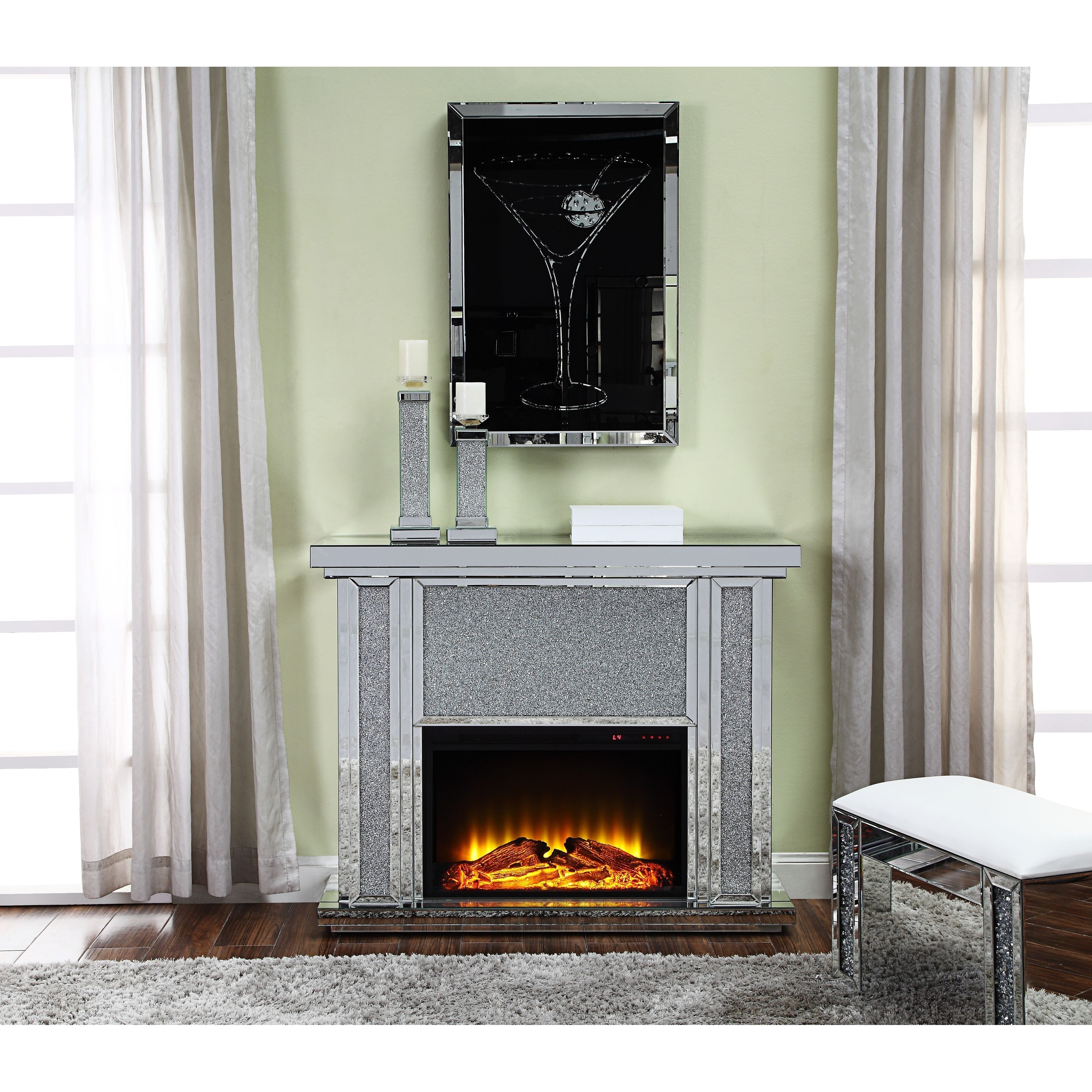 Acme Nowles Fireplace, Mirrored and Faux Stones