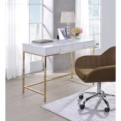 ACME Ottey Desk, White High Gloss and Gold