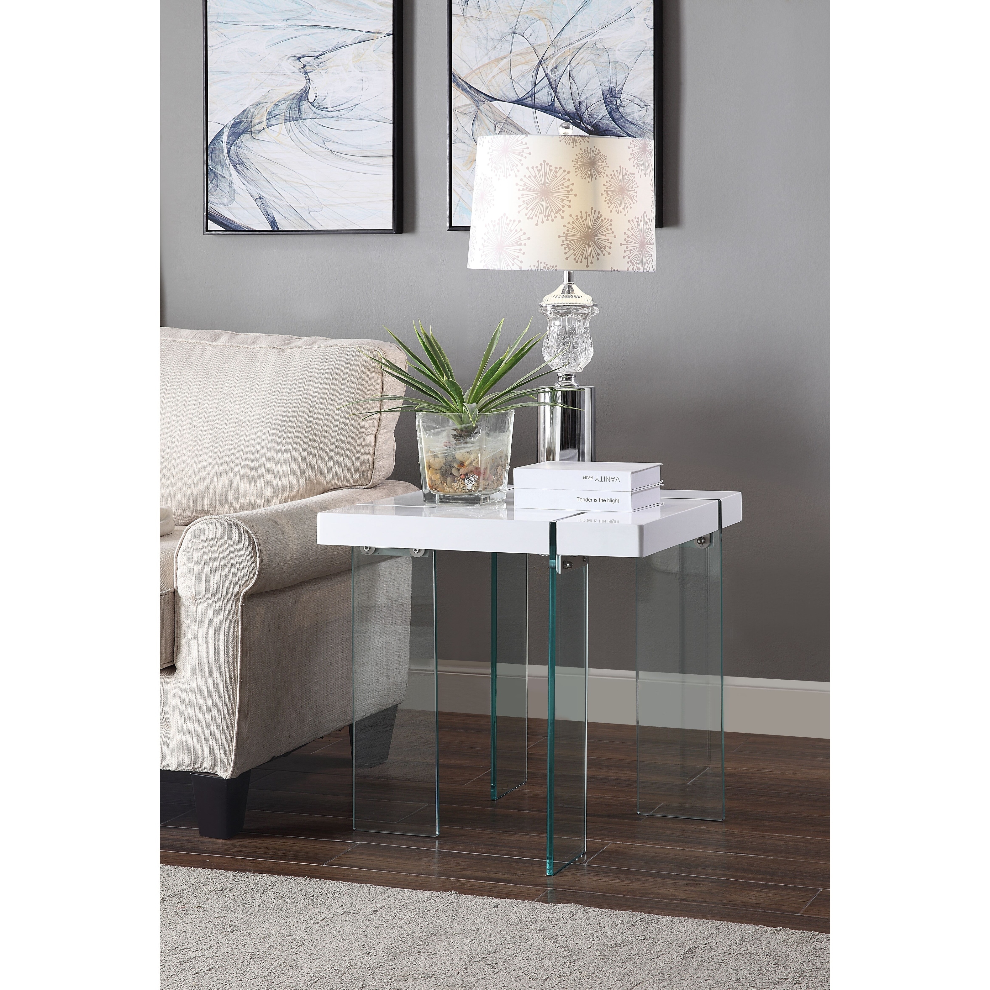 ACME Noland End Table, White High Gloss and Clear Glass   On Sale 