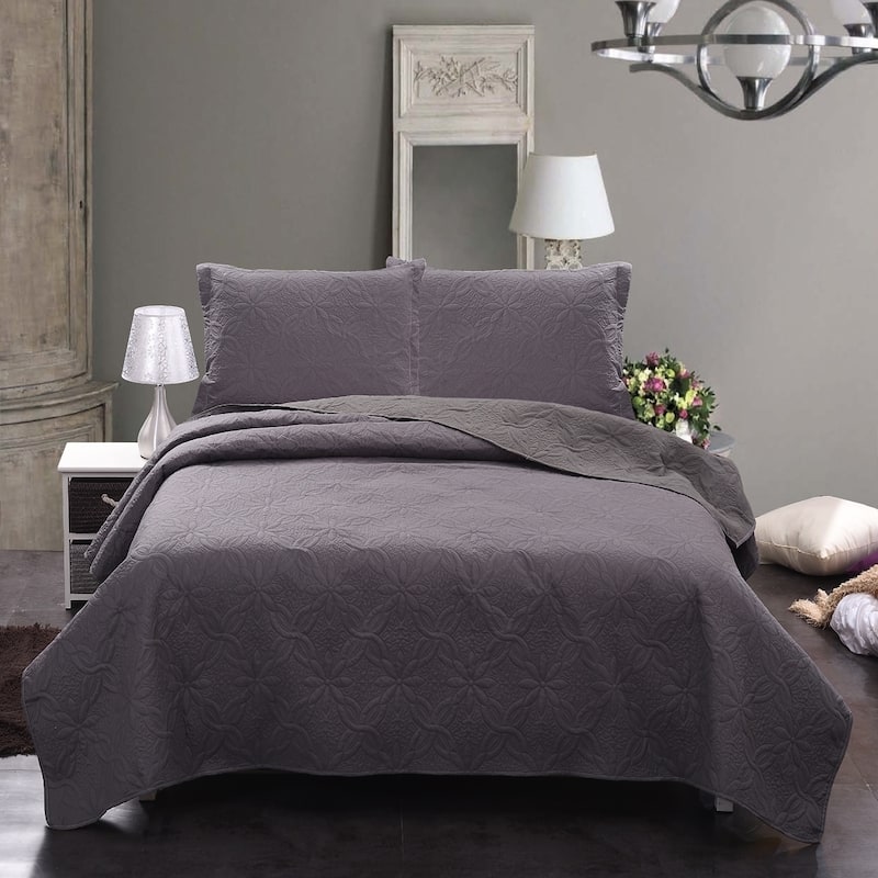 3 Piece Solid Printed Bedding Quilt Set- Soft & Lightweight Full/Queen - Dark Grey - Floral - King