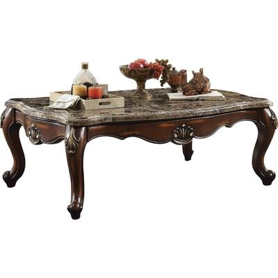 Traditional Style Rectangular Wood and Marble Coffee Table, Oak Brown