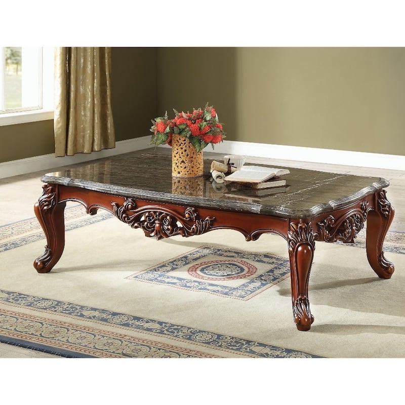 Traditional Style Rectangular Wood and Marble Coffee Table, Walnut Brown