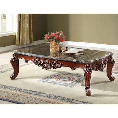 Traditional Style Rectangular Wood and Marble Coffee Table, Walnut Brown