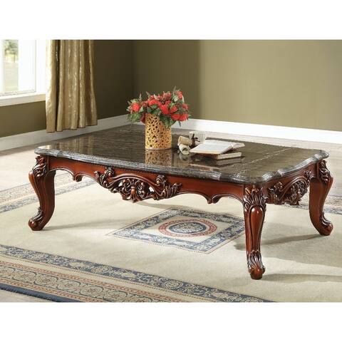 Traditional Style Rectangular Wood and Marble Coffee Table, Walnut Brown