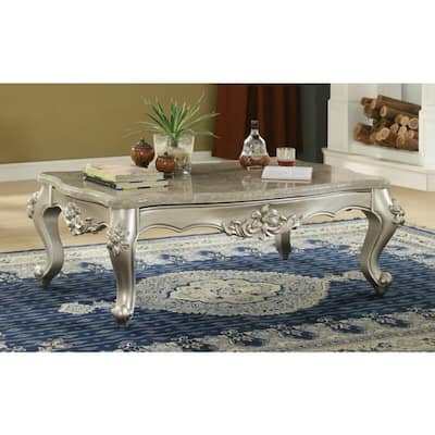 Traditional Style Rectangular Wood and Marble Coffee Table, Silver
