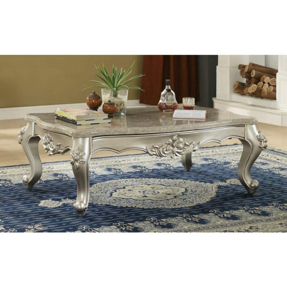 Traditional Style Rectangular Wood and Marble Coffee Table, Silver
