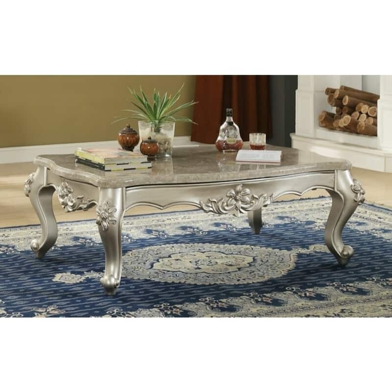 Traditional Style Rectangular Wood and Marble Coffee Table, Silver