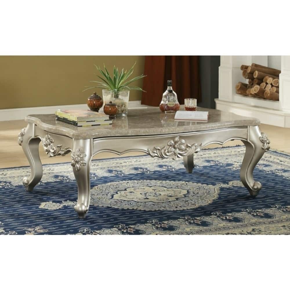 Traditional Style Rectangular Wood and Marble Coffee Table, Silver