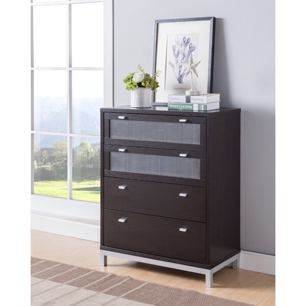 Four Drawers Wooden Utility Chest with Metal Base, Brown and Silver