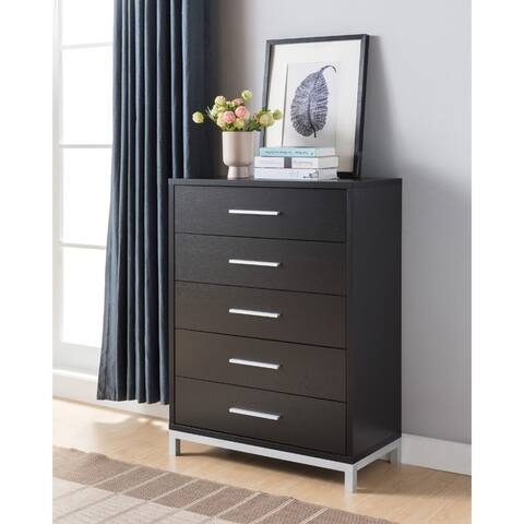 Five Drawers Wooden Chest With Metal Bar Handles Brown And Silver