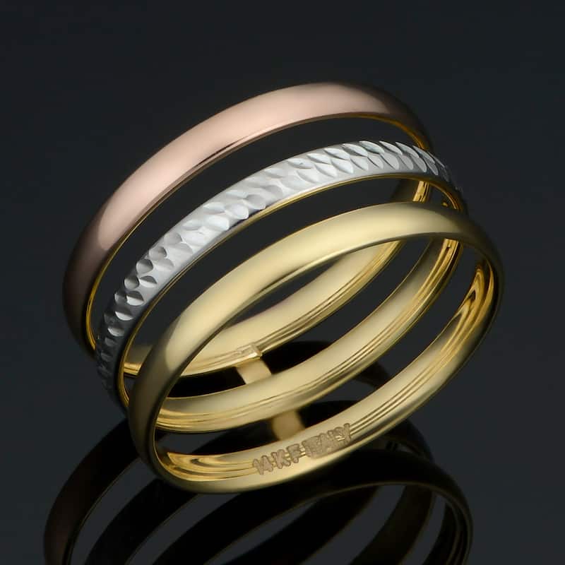 14k Tricolor Gold Polished/Diamond Cut Triple Band Ring