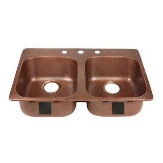 Sinkology Santi Copper 33" Double Bowl Drop-In Kitchen Sink with 3 Holes