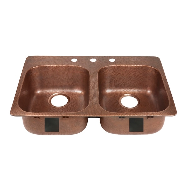 Sinkology Santi Drop-In Handmade Pure Solid Copper 33 in. 3-Hole Double Bowl Copper Kitchen Sink Kit in Antique Copper. Opens flyout.
