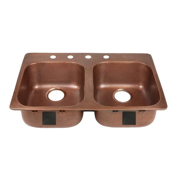 slide 2 of 2, Sinkology Santi Copper 33" Double Bowl Drop-In Kitchen Sink with 4 Holes - Left