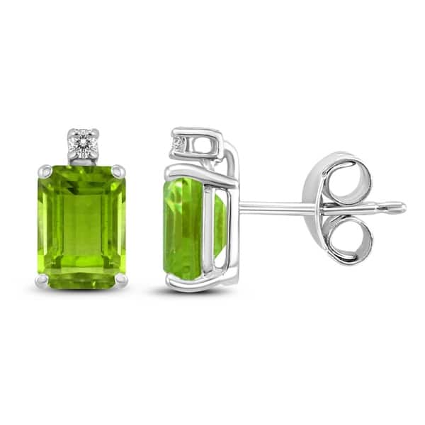 14k White Gold 7x5mm Emerald Shaped Peridot And Diamond Earrings 14k White Gold 7x5mm Emerald Shaped Peridot And Diamond Earrings