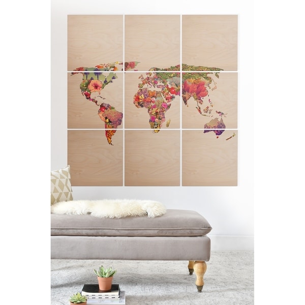 Deny Designs World Map Wood Wall Mural- 9 Squares - Brown/Multi-color