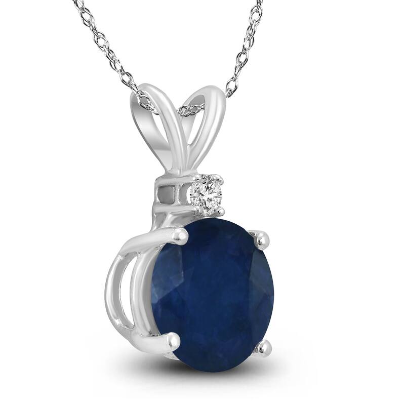 14K White Gold 5MM Round Sapphire and Diamond Pendant