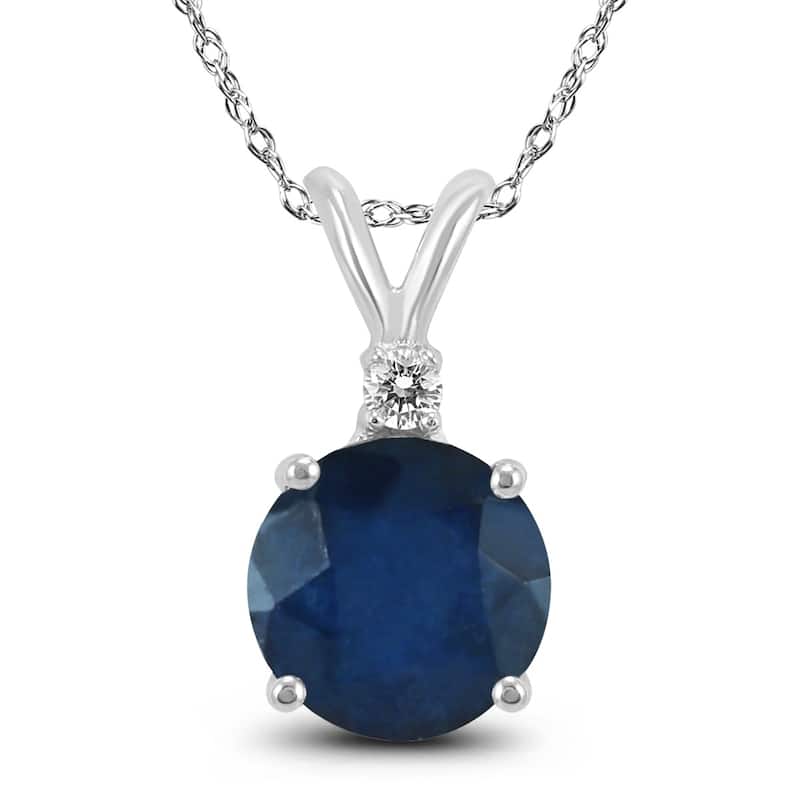 14K White Gold 5MM Round Sapphire and Diamond Pendant