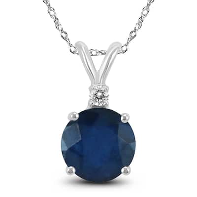 14K White Gold 5MM Round Sapphire and Diamond Pendant