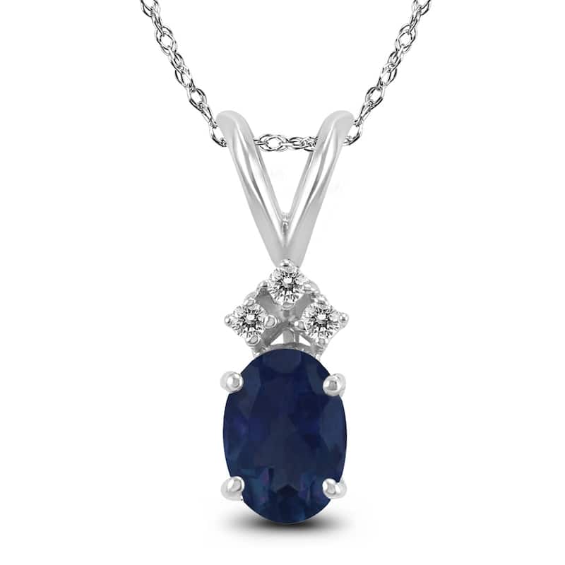 14K White Gold 5x3MM Oval Sapphire and Diamond Pendant
