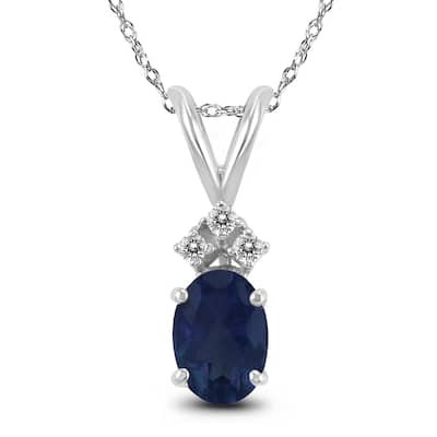 14K White Gold 5x3MM Oval Sapphire and Diamond Pendant