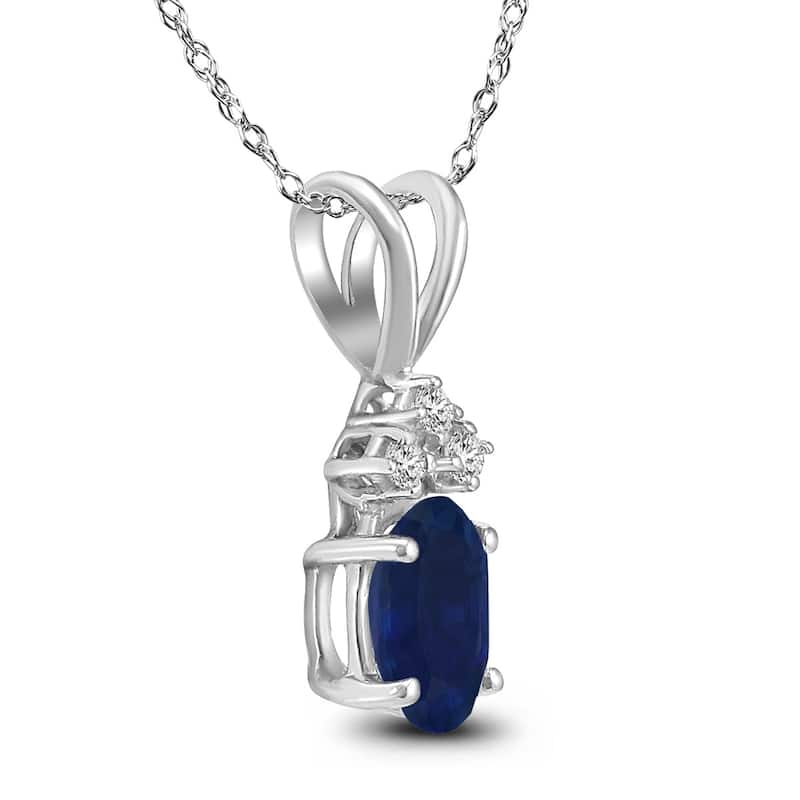 14K White Gold 5x3MM Oval Sapphire and Diamond Pendant