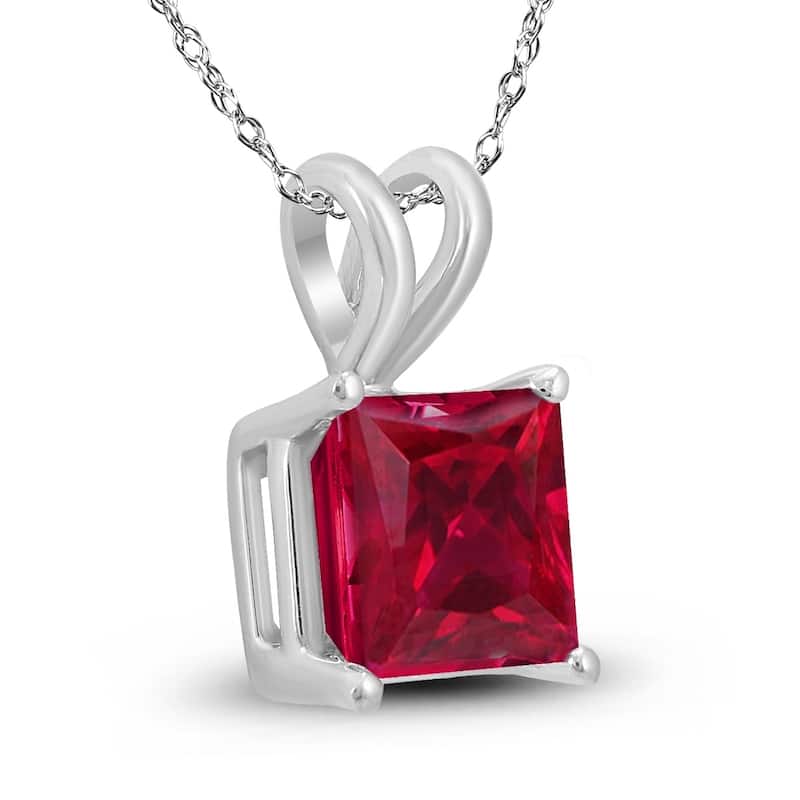 14K White Gold 4MM Square Ruby Pendant