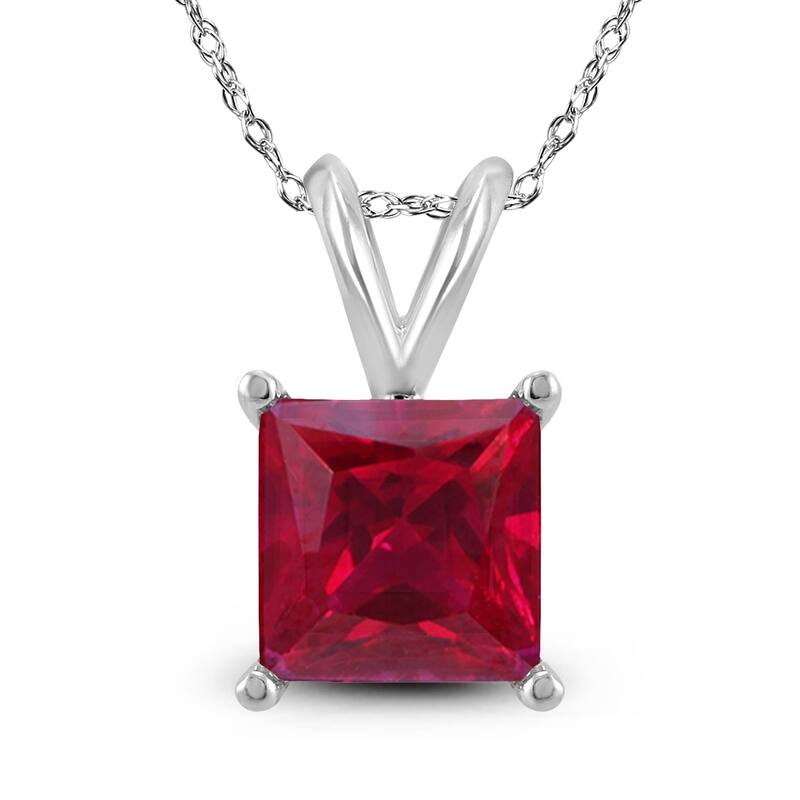 14K White Gold 4MM Square Ruby Pendant