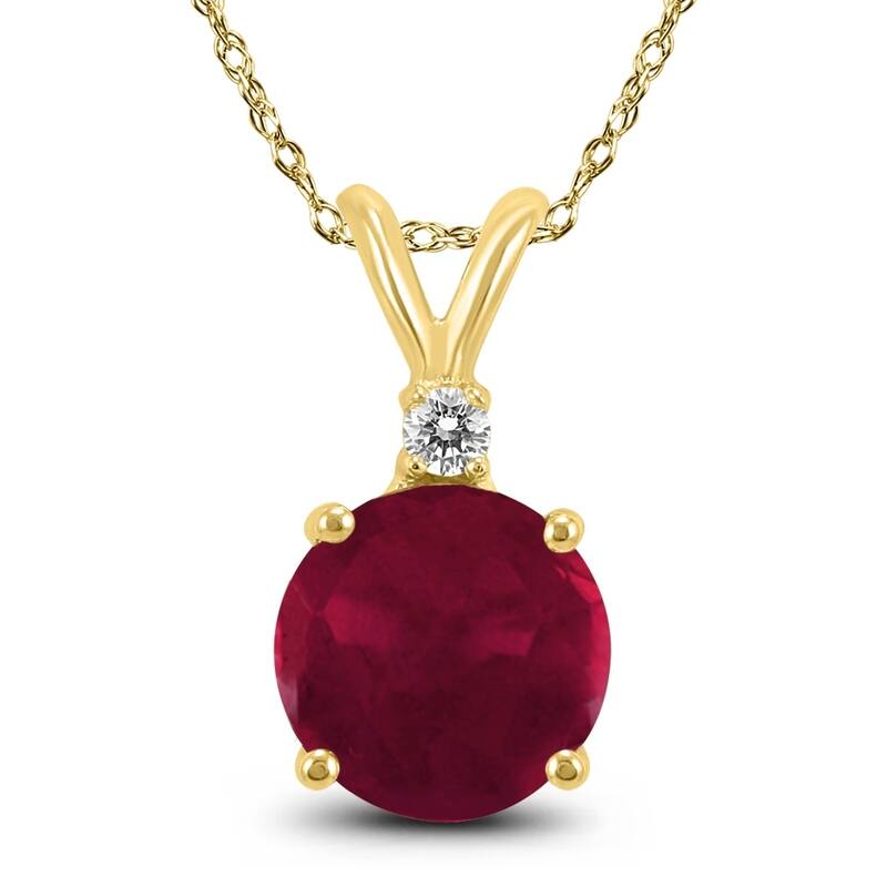 14K Yellow Gold 5MM Round Ruby and Diamond Pendant