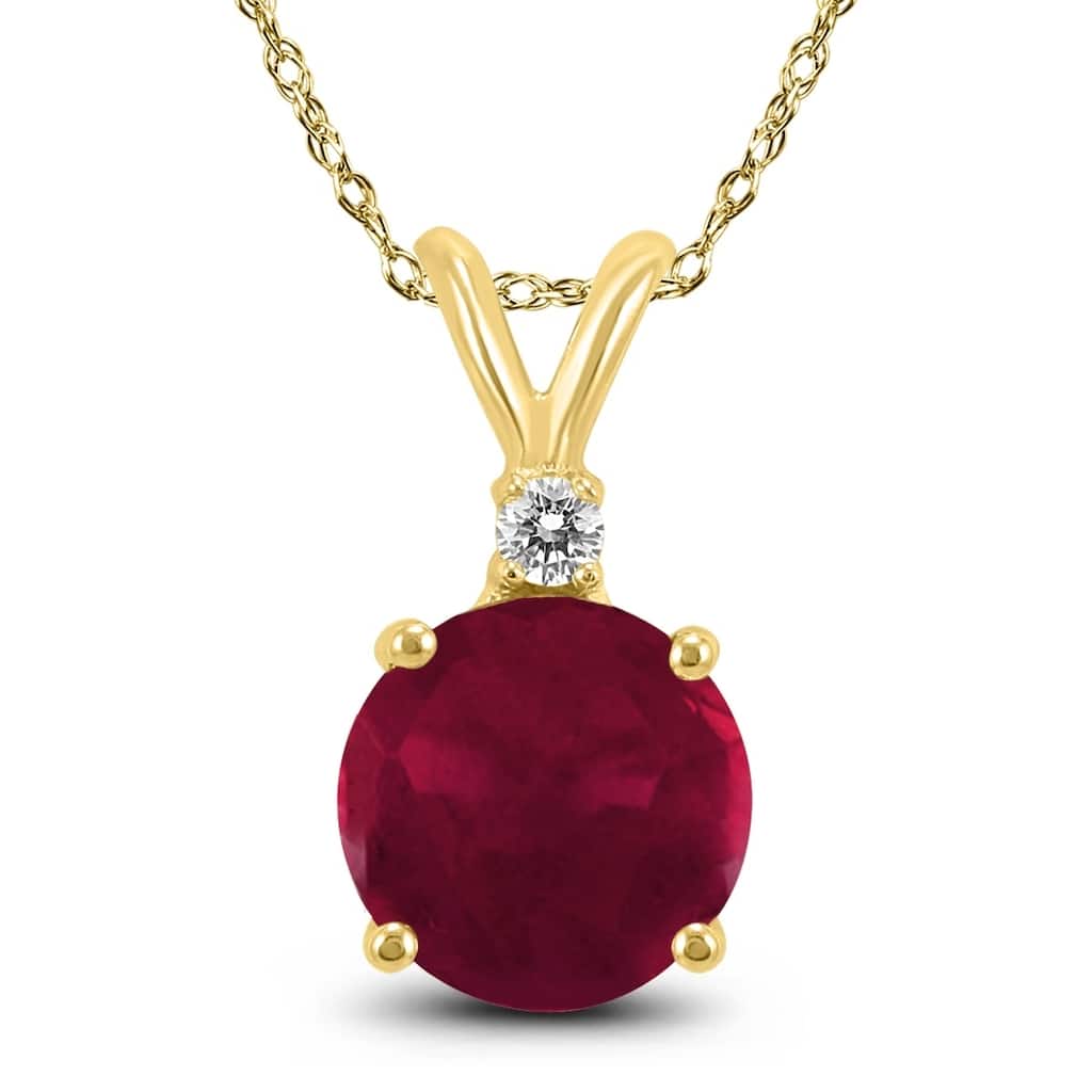 14K Yellow Gold 5MM Round Ruby and Diamond Pendant