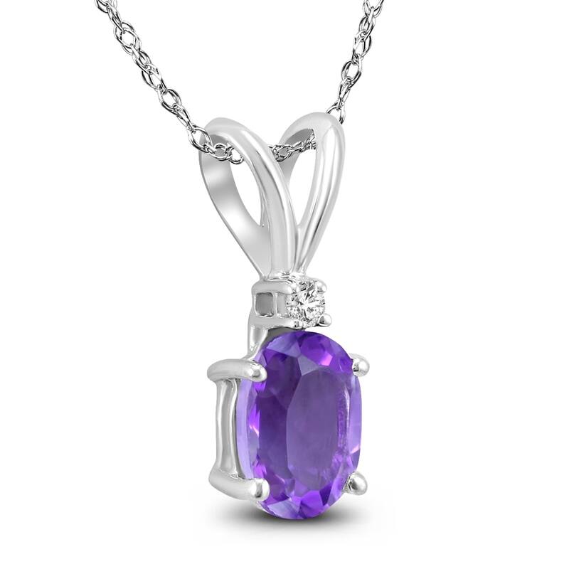 14K White Gold 7x5MM Oval Amethyst and Diamond Pendant