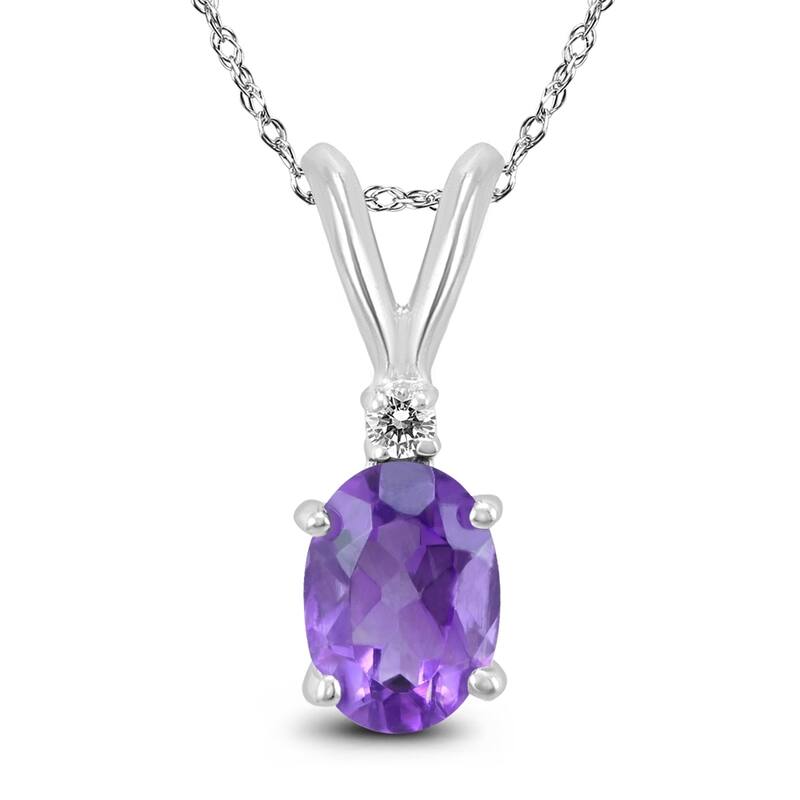 14K White Gold 7x5MM Oval Amethyst and Diamond Pendant