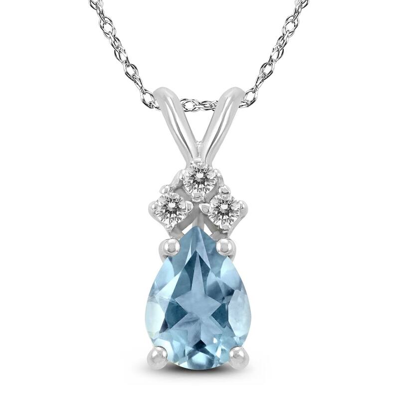 14K White Gold 6x4MM Pear Aquamarine and Diamond Pendant