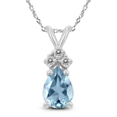 14K White Gold 6x4MM Pear Aquamarine and Diamond Pendant
