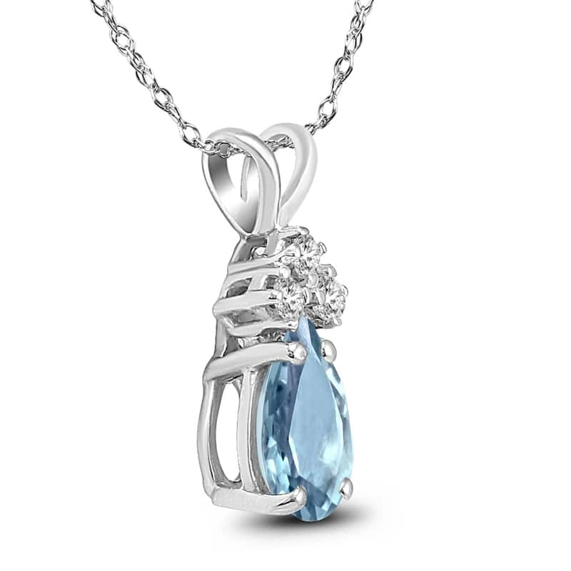 14K White Gold 6x4MM Pear Aquamarine and Diamond Pendant