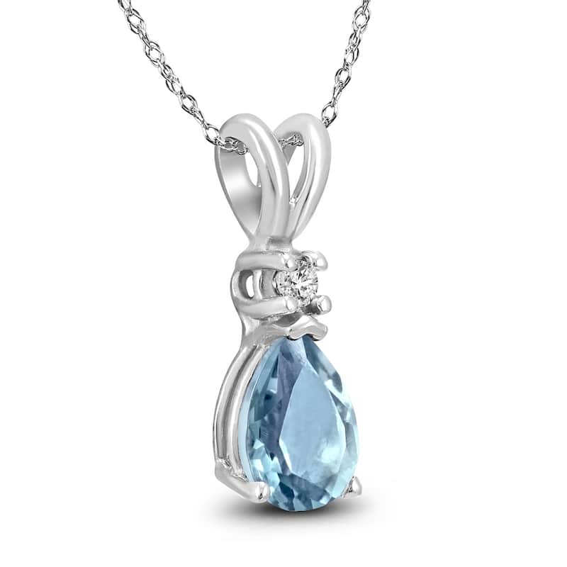 14K White Gold 5x3MM Pear Aquamarine and Diamond Pendant