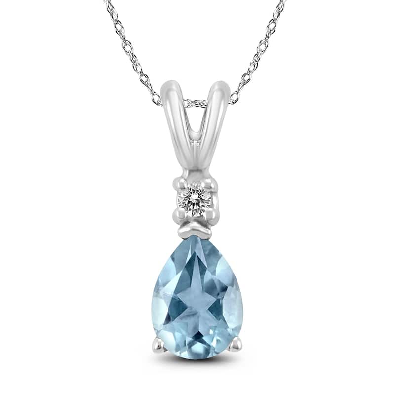 14K White Gold 5x3MM Pear Aquamarine and Diamond Pendant