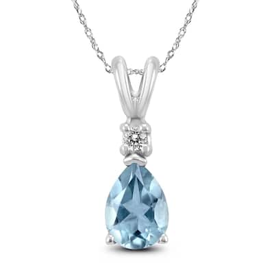 14K White Gold 5x3MM Pear Aquamarine and Diamond Pendant