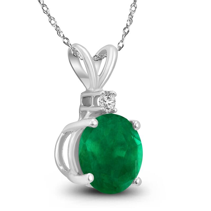 14K White Gold 5MM Round Emerald and Diamond Pendant