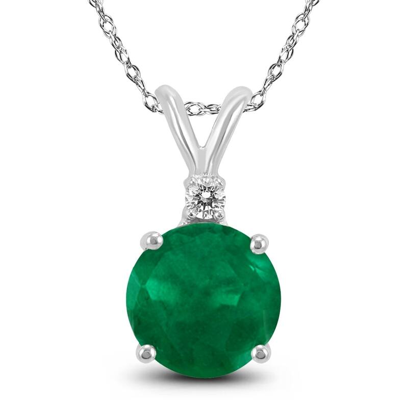 14K White Gold 5MM Round Emerald and Diamond Pendant