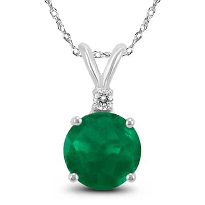 14K White Gold 5MM Round Emerald and Diamond Pendant
