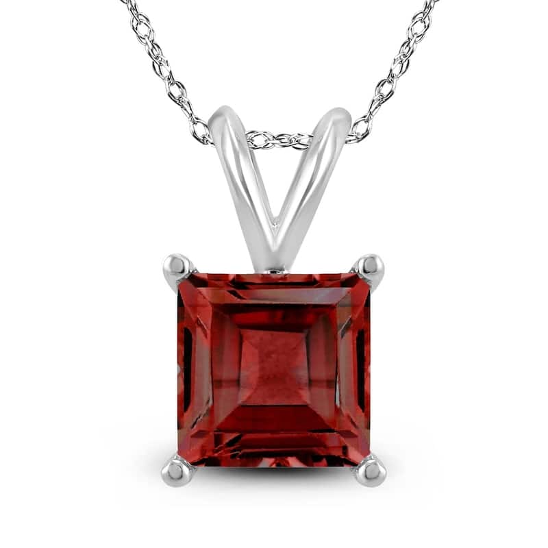 14K White Gold 6MM Square Garnet Pendant
