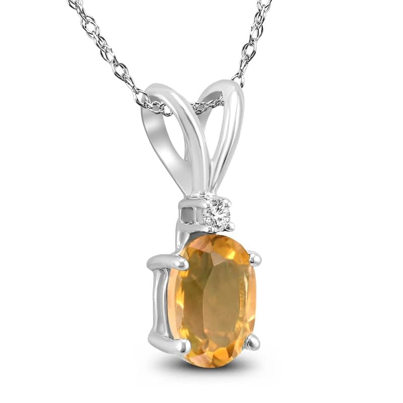 14K White Gold 6x4MM Oval Citrine and Diamond Pendant
