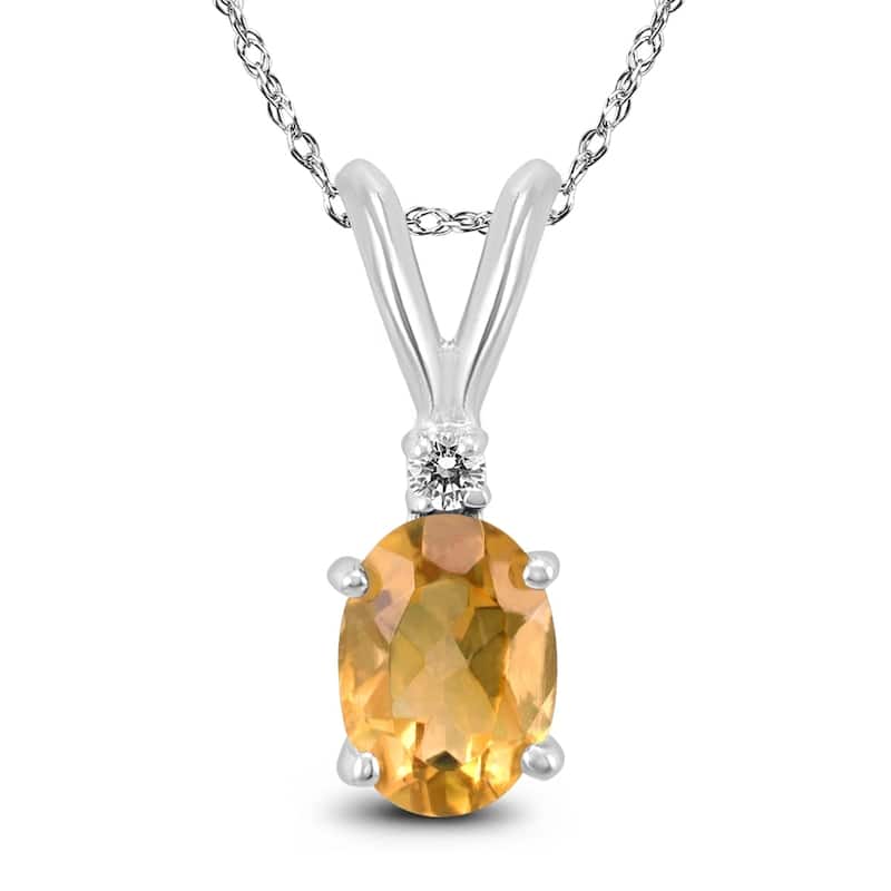 14K White Gold 6x4MM Oval Citrine and Diamond Pendant