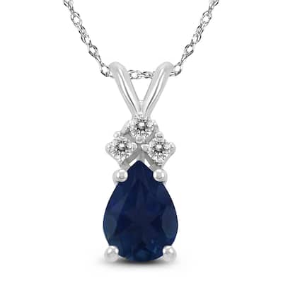 14K White Gold 6x4MM Pear Sapphire and Diamond Pendant