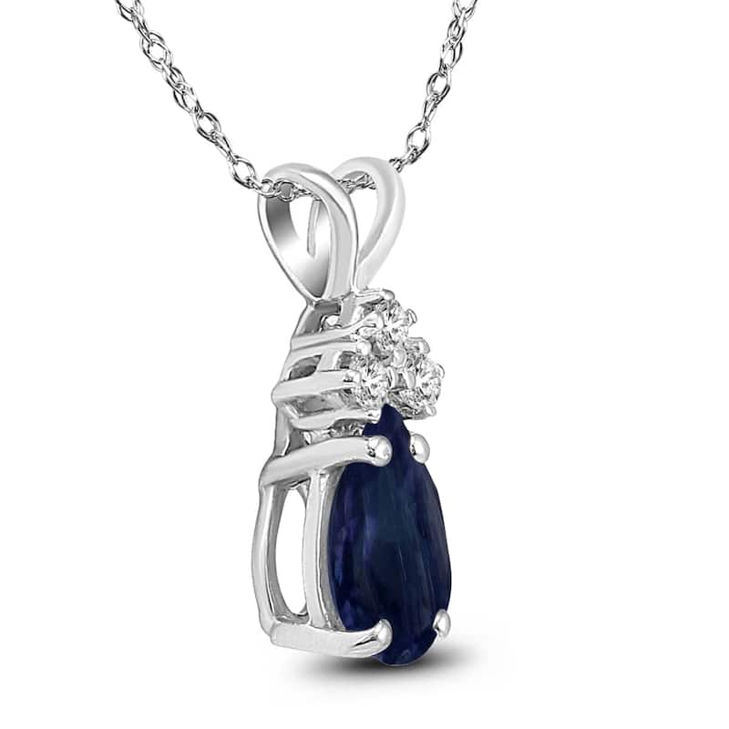 14K White Gold 6x4MM Pear Sapphire and Diamond Pendant