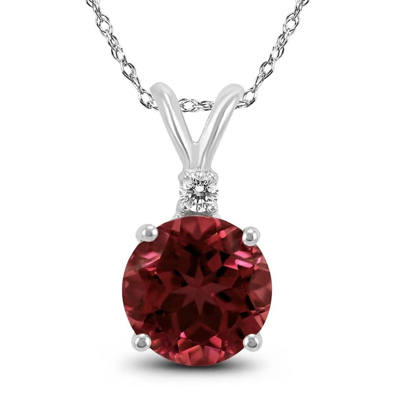 14K White Gold 5MM Round Garnet and Diamond Pendant