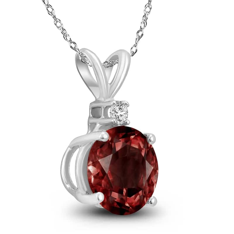 14K White Gold 5MM Round Garnet and Diamond Pendant