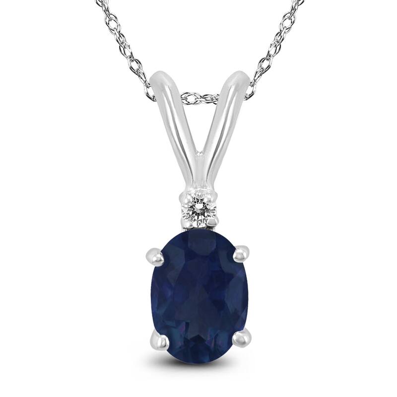 14K White Gold 6x4MM Oval Sapphire and Diamond Pendant