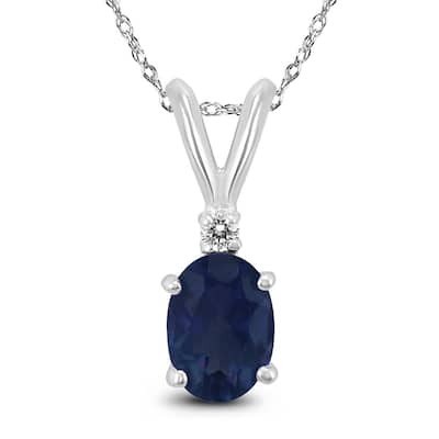 14K White Gold 6x4MM Oval Sapphire and Diamond Pendant